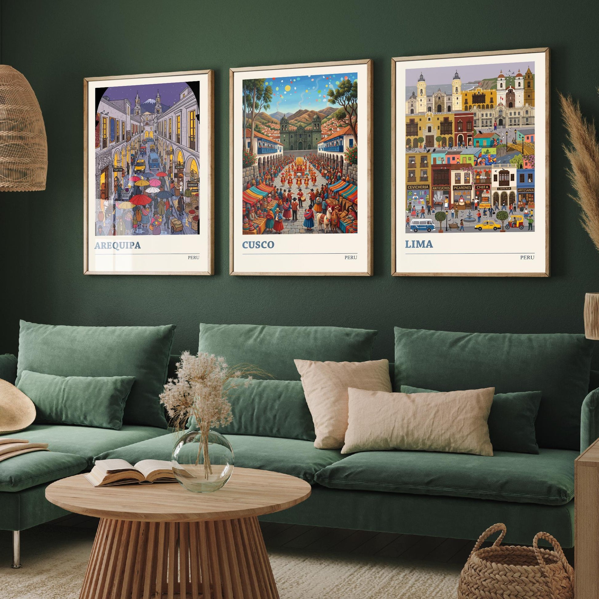 Peru Set of Three Art Prints - Arequipa, Cusco, Lima - 3 Colourful Folk Illustration Travel Posters - Peruvian Cities Painting