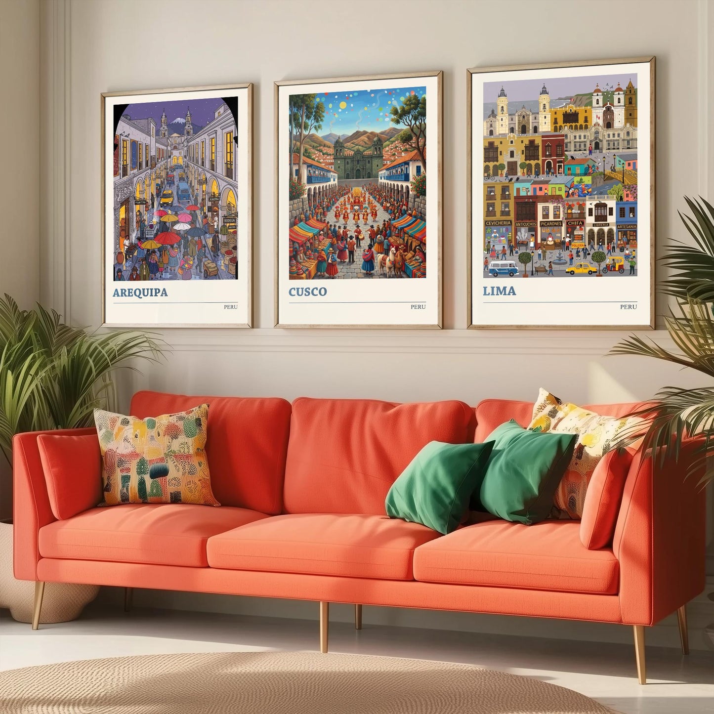Peru Set of Three Art Prints - Arequipa, Cusco, Lima - 3 Colourful Folk Illustration Travel Posters - Peruvian Cities Painting