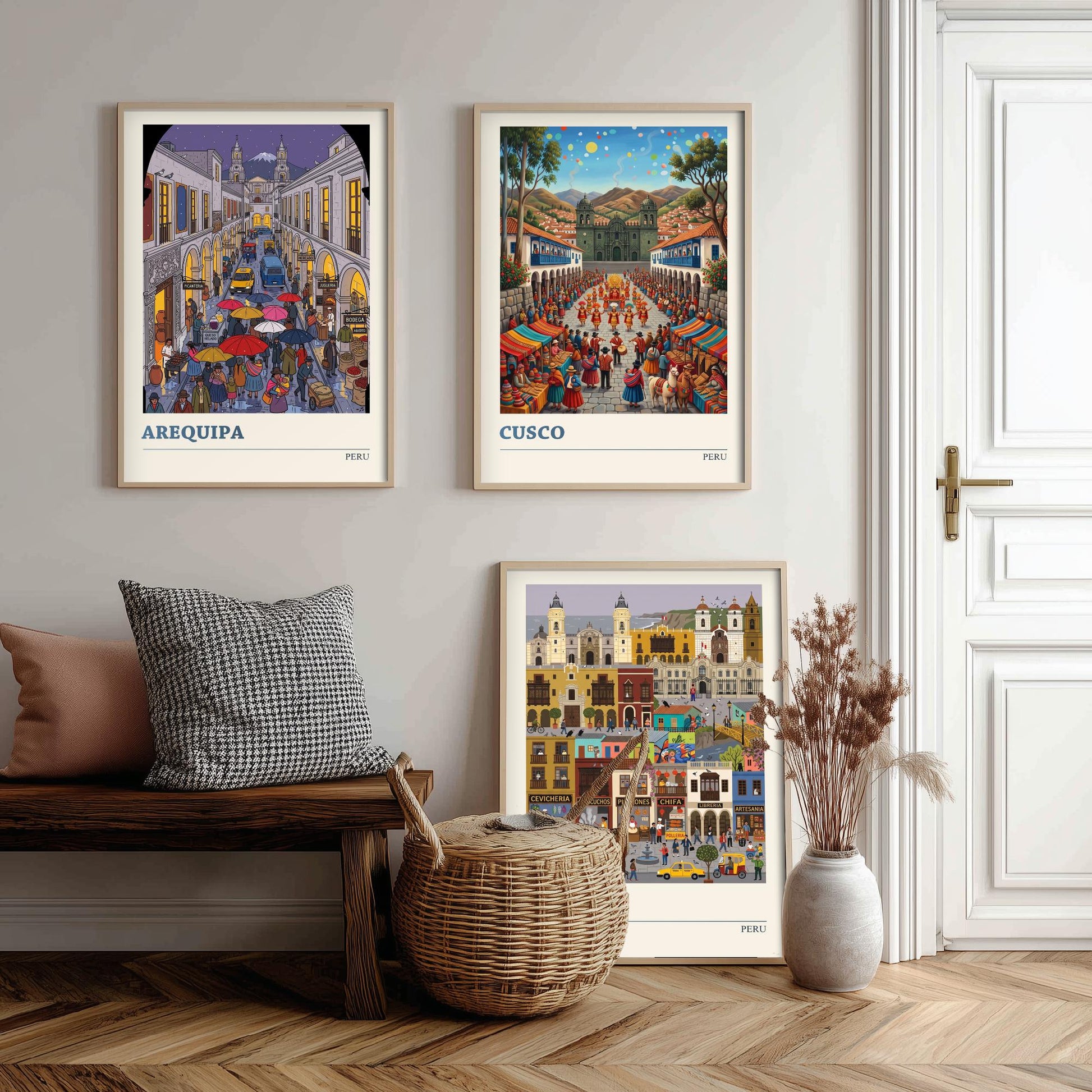 Peru Set of Three Art Prints - Arequipa, Cusco, Lima - 3 Colourful Folk Illustration Travel Posters - Peruvian Cities Painting