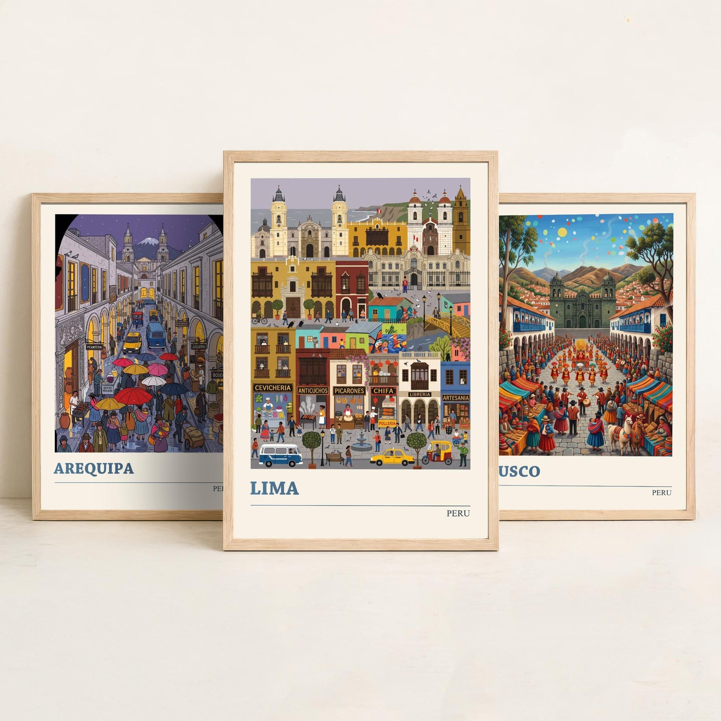Peru Set of Three Art Prints - Arequipa, Cusco, Lima - 3 Colourful Folk Illustration Travel Posters - Peruvian Cities Painting