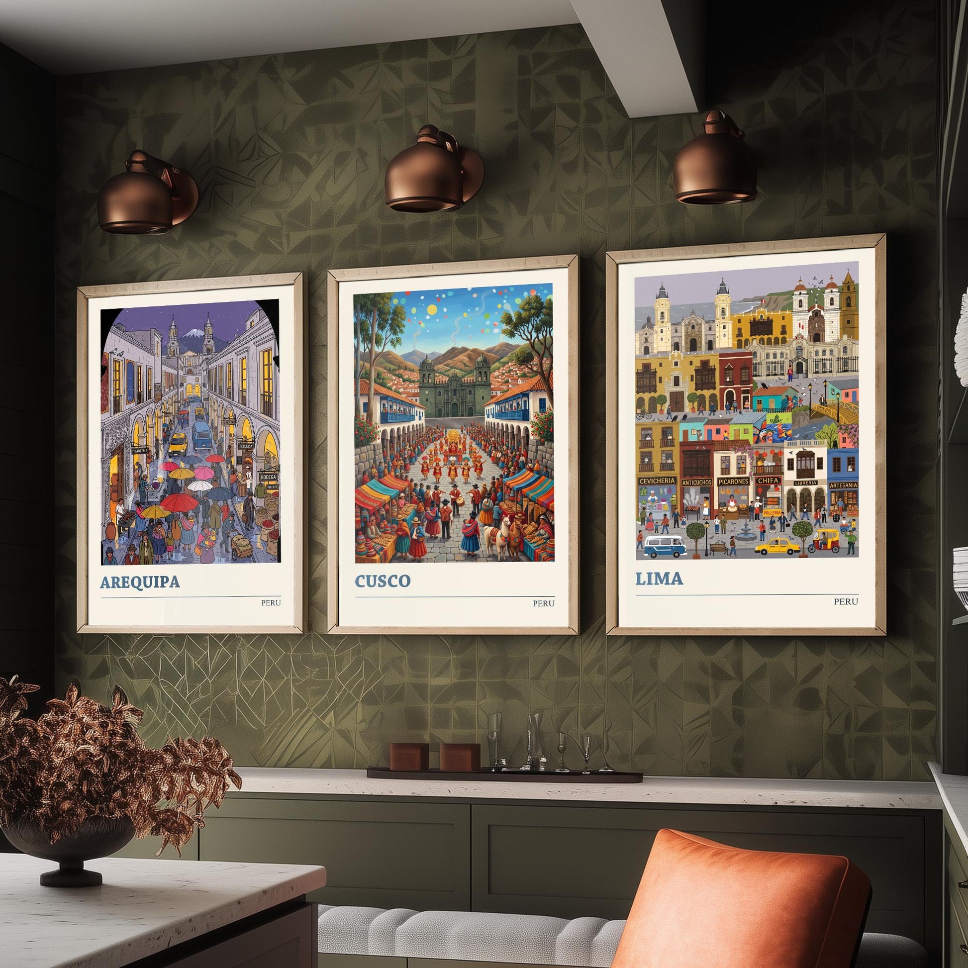 Peru Set of Three Art Prints - Arequipa, Cusco, Lima - 3 Colourful Folk Illustration Travel Posters - Peruvian Cities Painting