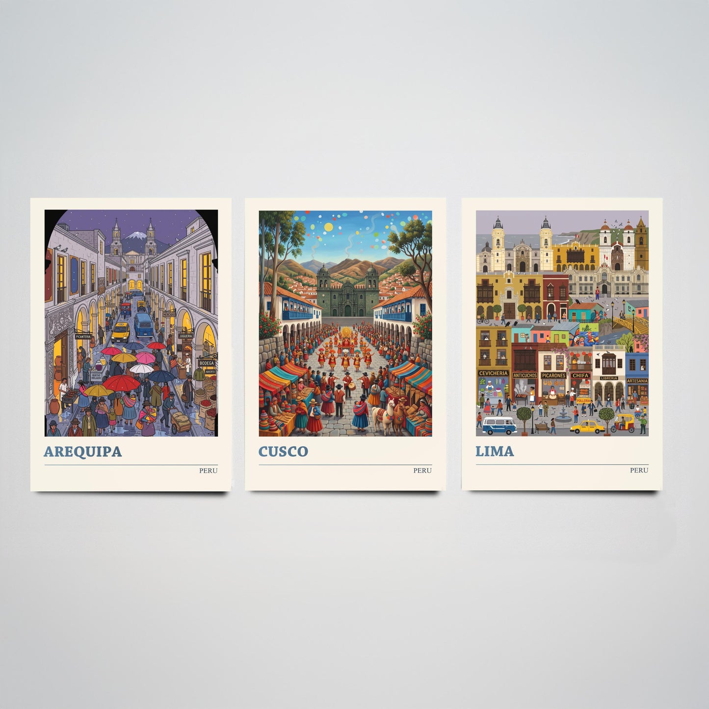Peru Set of Three Art Prints - Arequipa, Cusco, Lima - 3 Colourful Folk Illustration Travel Posters - Peruvian Cities Painting
