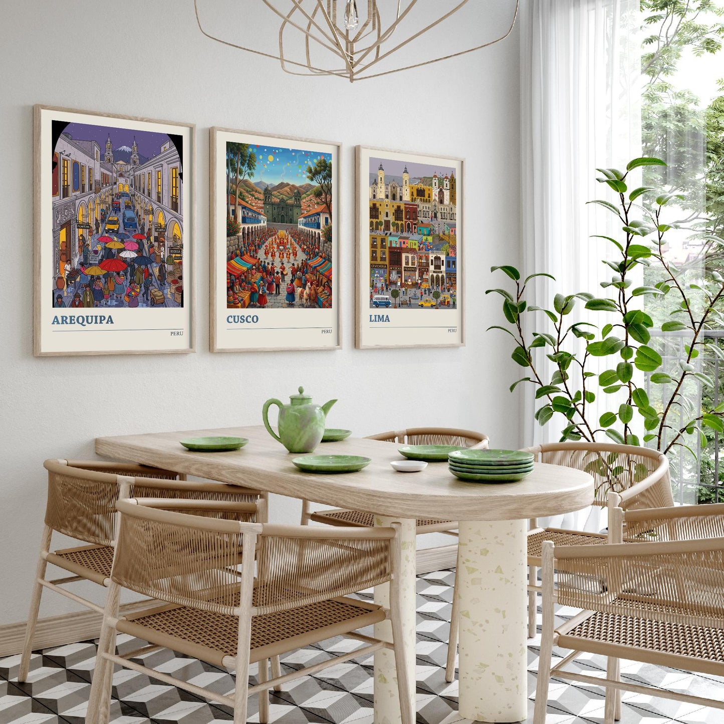 Peru Set of Three Art Prints - Arequipa, Cusco, Lima - 3 Colourful Folk Illustration Travel Posters - Peruvian Cities Painting