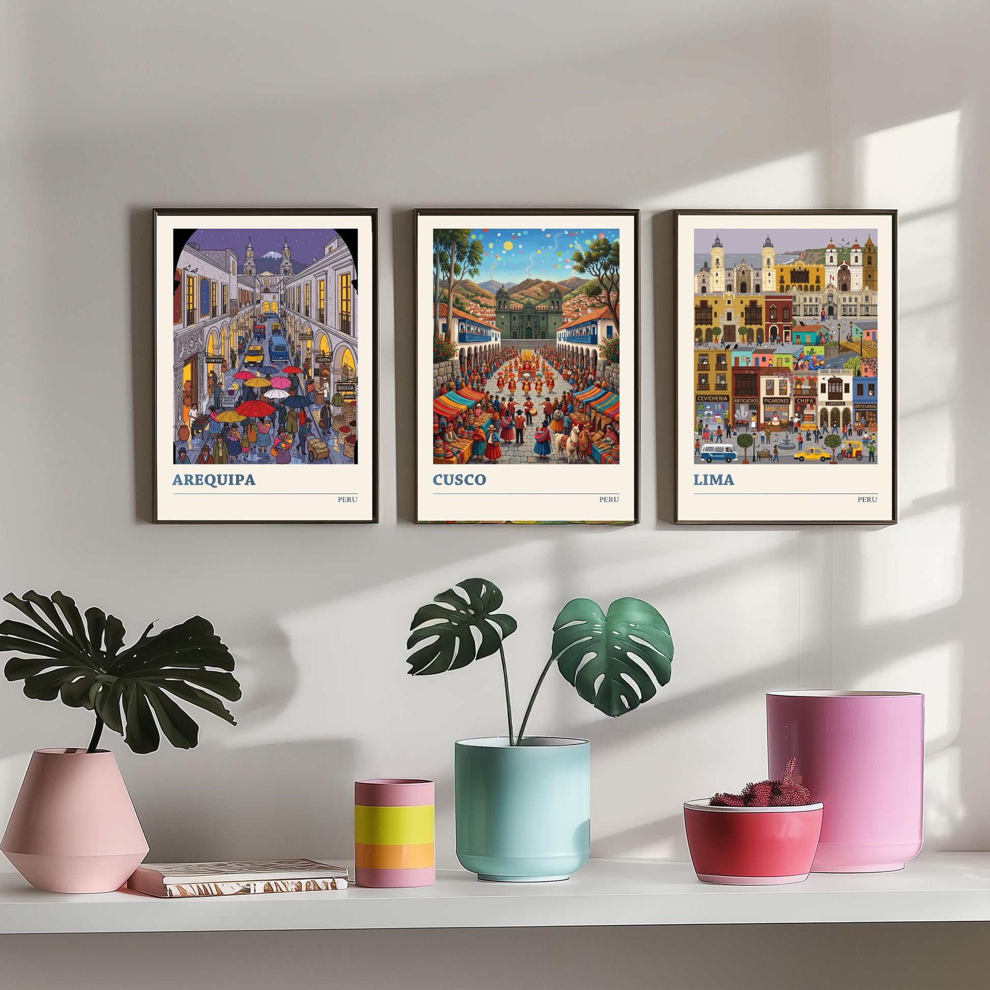 Peru Set of Three Art Prints - Arequipa, Cusco, Lima - 3 Colourful Folk Illustration Travel Posters - Peruvian Cities Painting