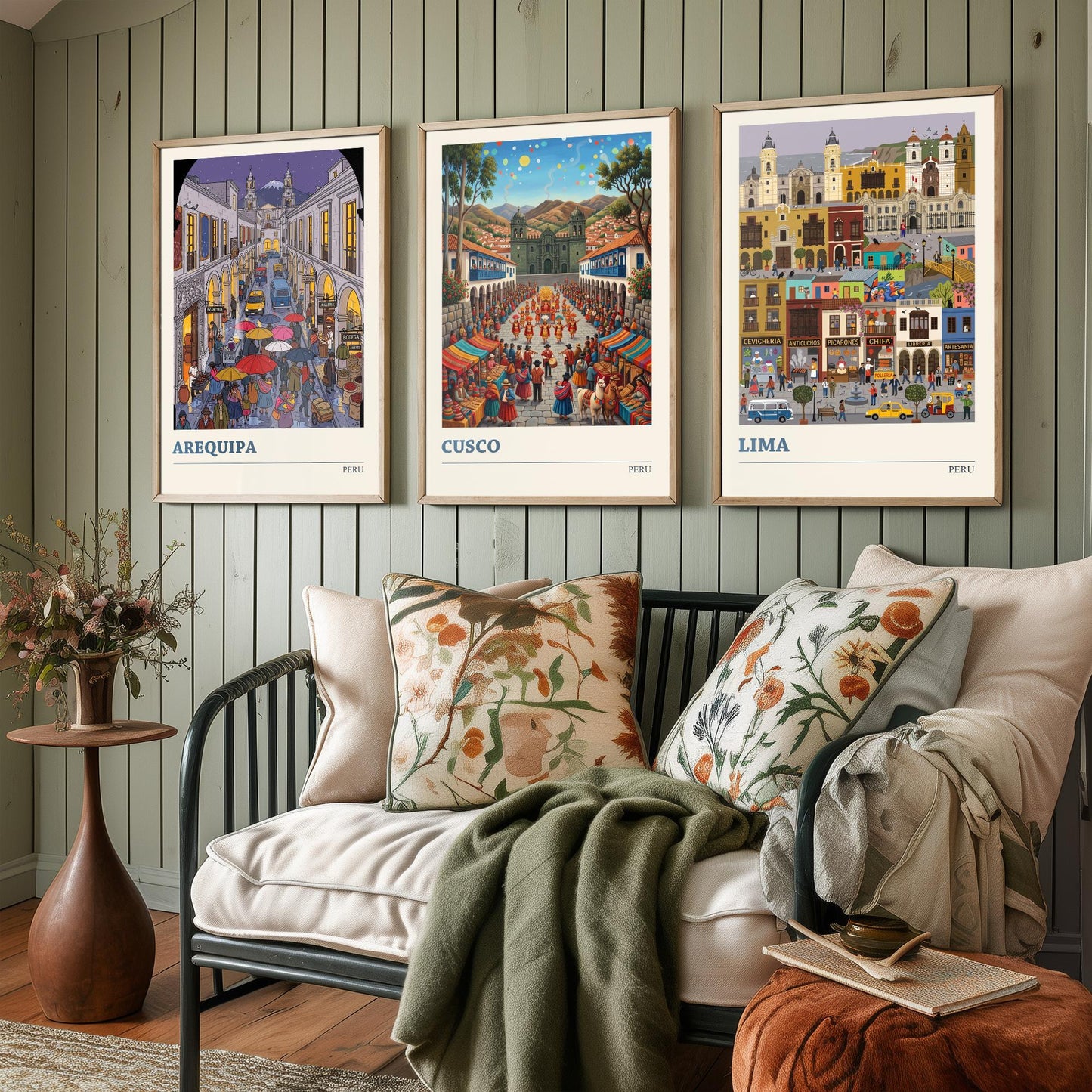 Peru Set of Three Art Prints - Arequipa, Cusco, Lima - 3 Colourful Folk Illustration Travel Posters - Peruvian Cities Painting