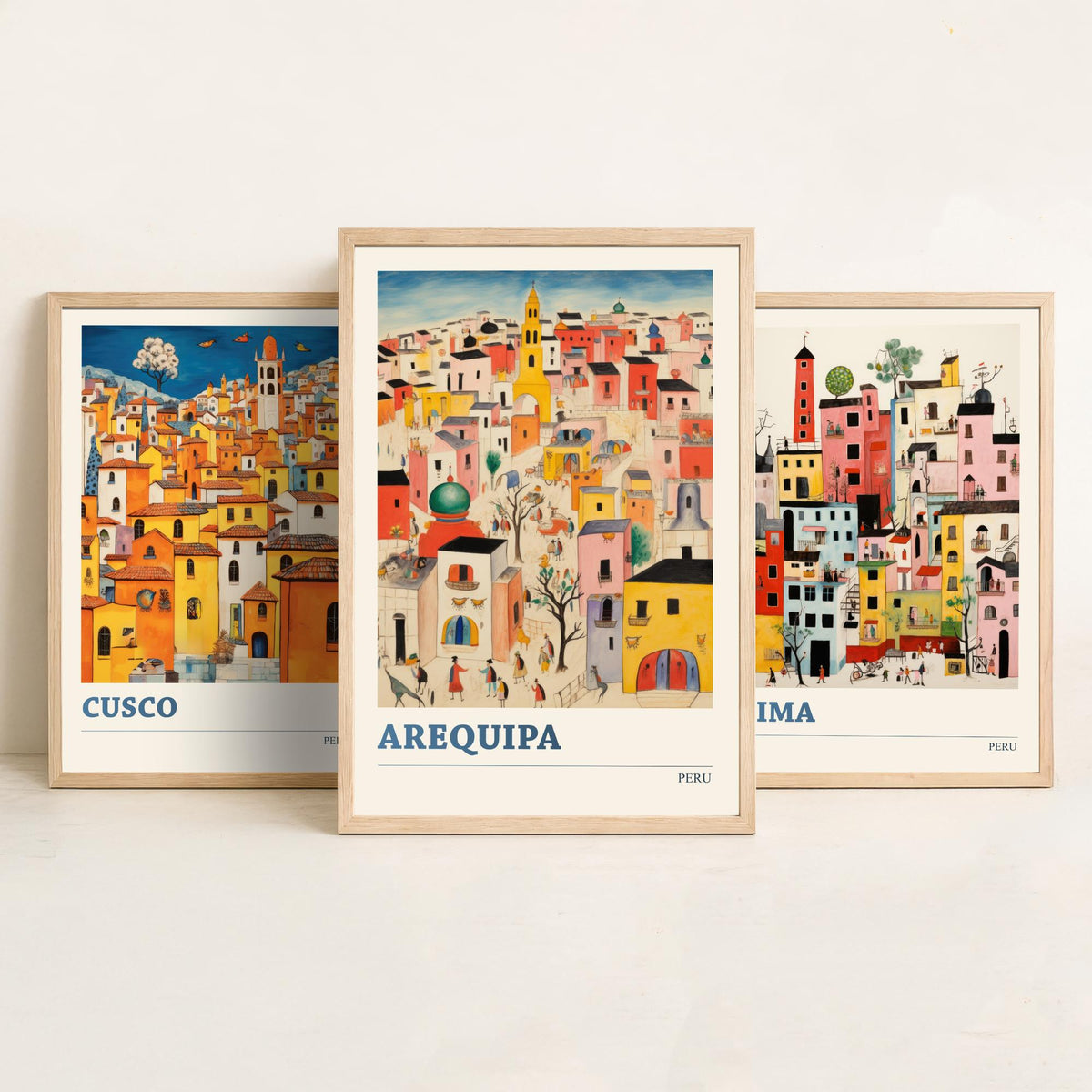 Peru Set of Three Travel Posters - Cusco, Lima, Arequipa - Ludwig Folk Art Prints - Naive Painting