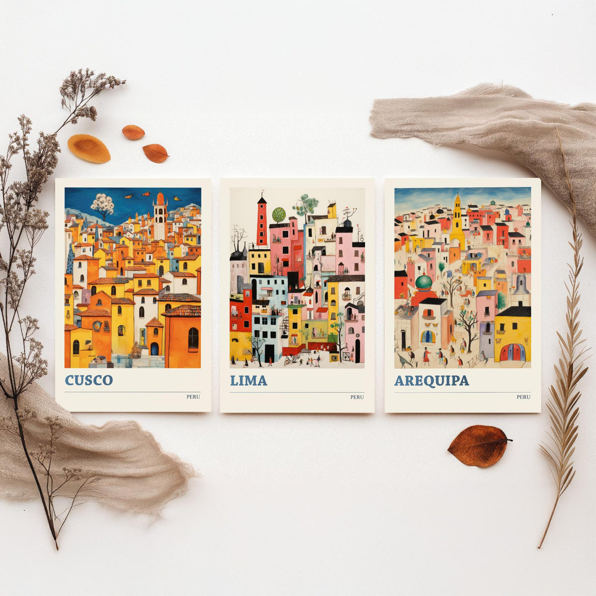 Peru Set of Three Travel Posters - Cusco, Lima, Arequipa - Ludwig Folk Art Prints - Naive Painting