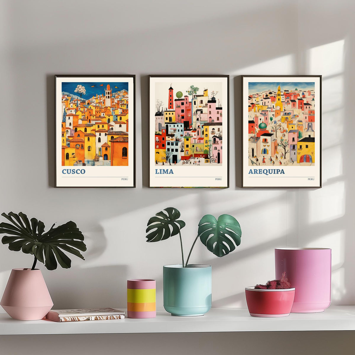 Peru Set of Three Travel Posters - Cusco, Lima, Arequipa - Ludwig Folk Art Prints - Naive Painting