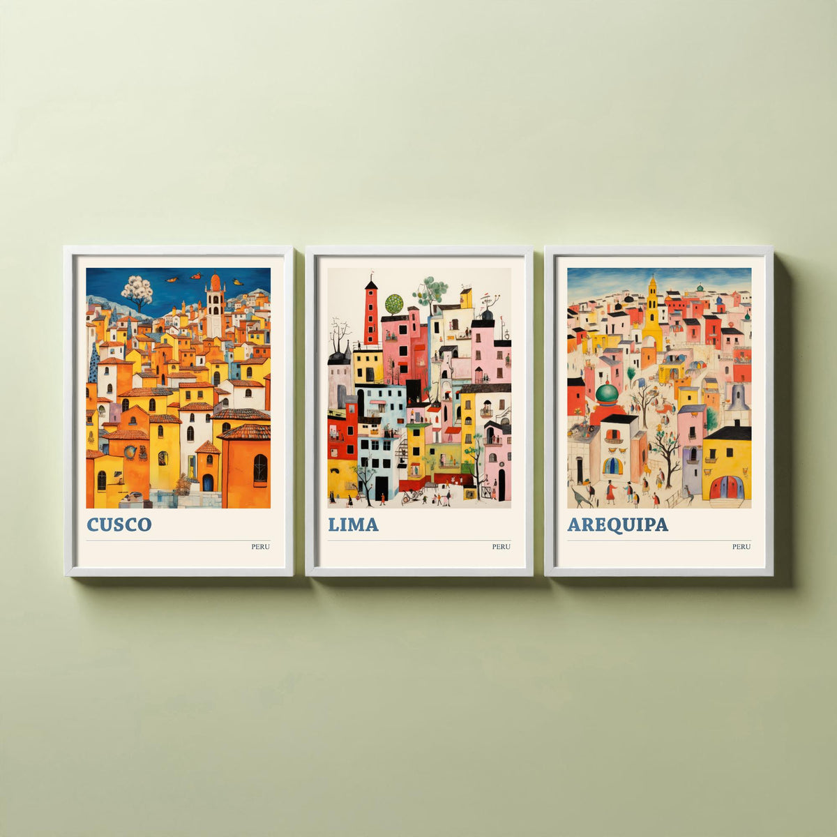 Peru Set of Three Travel Posters - Cusco, Lima, Arequipa - Ludwig Folk Art Prints - Naive Painting