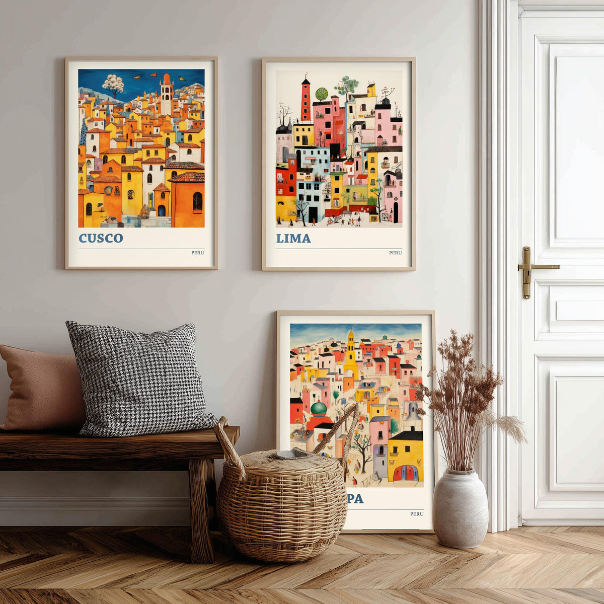 Peru Set of Three Travel Posters - Cusco, Lima, Arequipa - Ludwig Folk Art Prints - Naive Painting