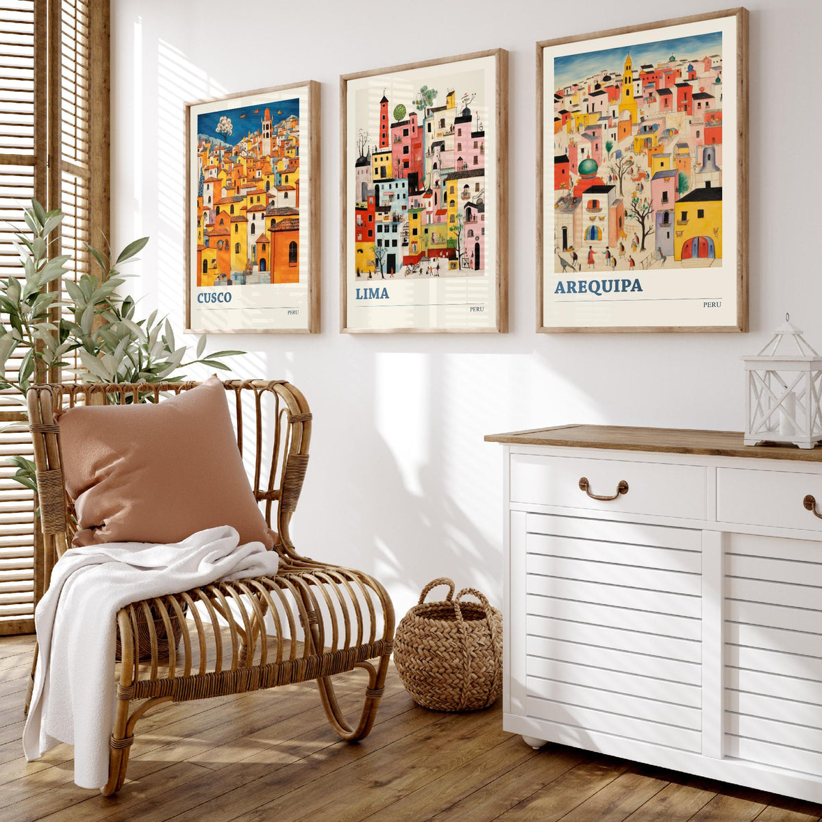 Peru Set of Three Travel Posters - Cusco, Lima, Arequipa - Ludwig Folk Art Prints - Naive Painting