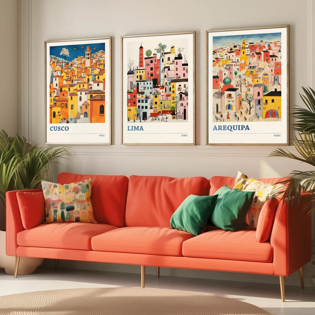 Peru Set of Three Travel Posters - Cusco, Lima, Arequipa - Ludwig Folk Art Prints - Naive Painting