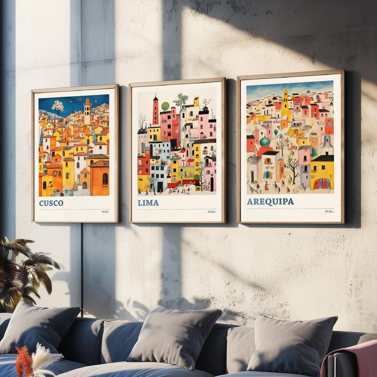 Peru Set of Three Travel Posters - Cusco, Lima, Arequipa - Ludwig Folk Art Prints - Naive Painting