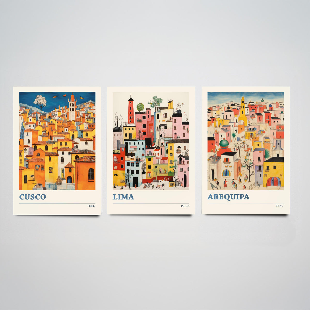 Peru Set of Three Travel Posters - Cusco, Lima, Arequipa - Ludwig Folk Art Prints - Naive Painting