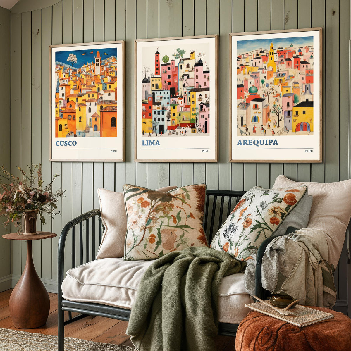 Peru Set of Three Travel Posters - Cusco, Lima, Arequipa - Ludwig Folk Art Prints - Naive Painting