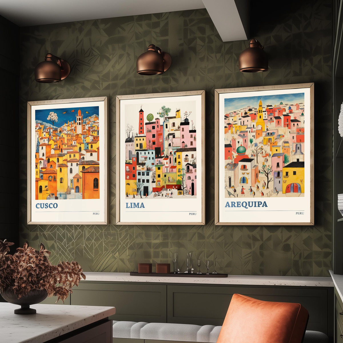Peru Set of Three Travel Posters - Cusco, Lima, Arequipa - Ludwig Folk Art Prints - Naive Painting