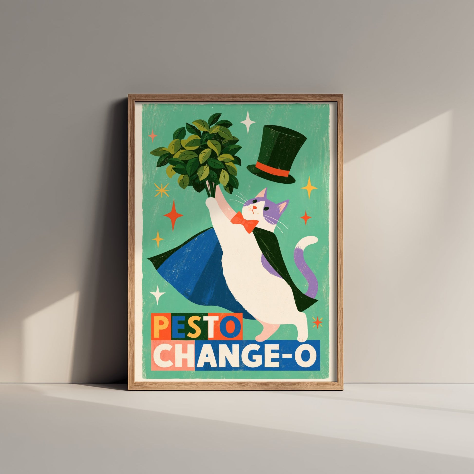 Pesto Change-O Art Print - Magician Cat with Basil Poster - Funny Retro Kitchen Illustration - Magic Food Pun Wall Decor