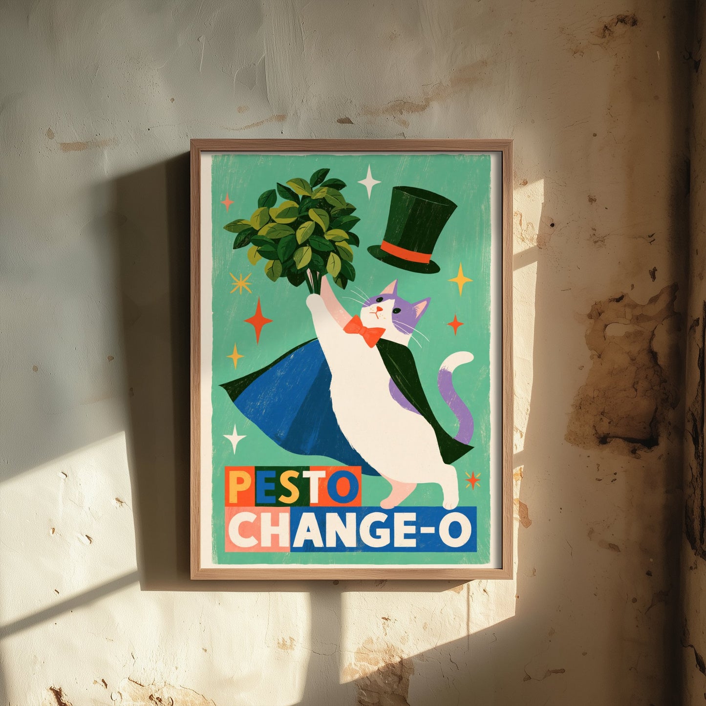 Pesto Change-O Art Print - Magician Cat with Basil Poster - Funny Retro Kitchen Illustration - Magic Food Pun Wall Decor