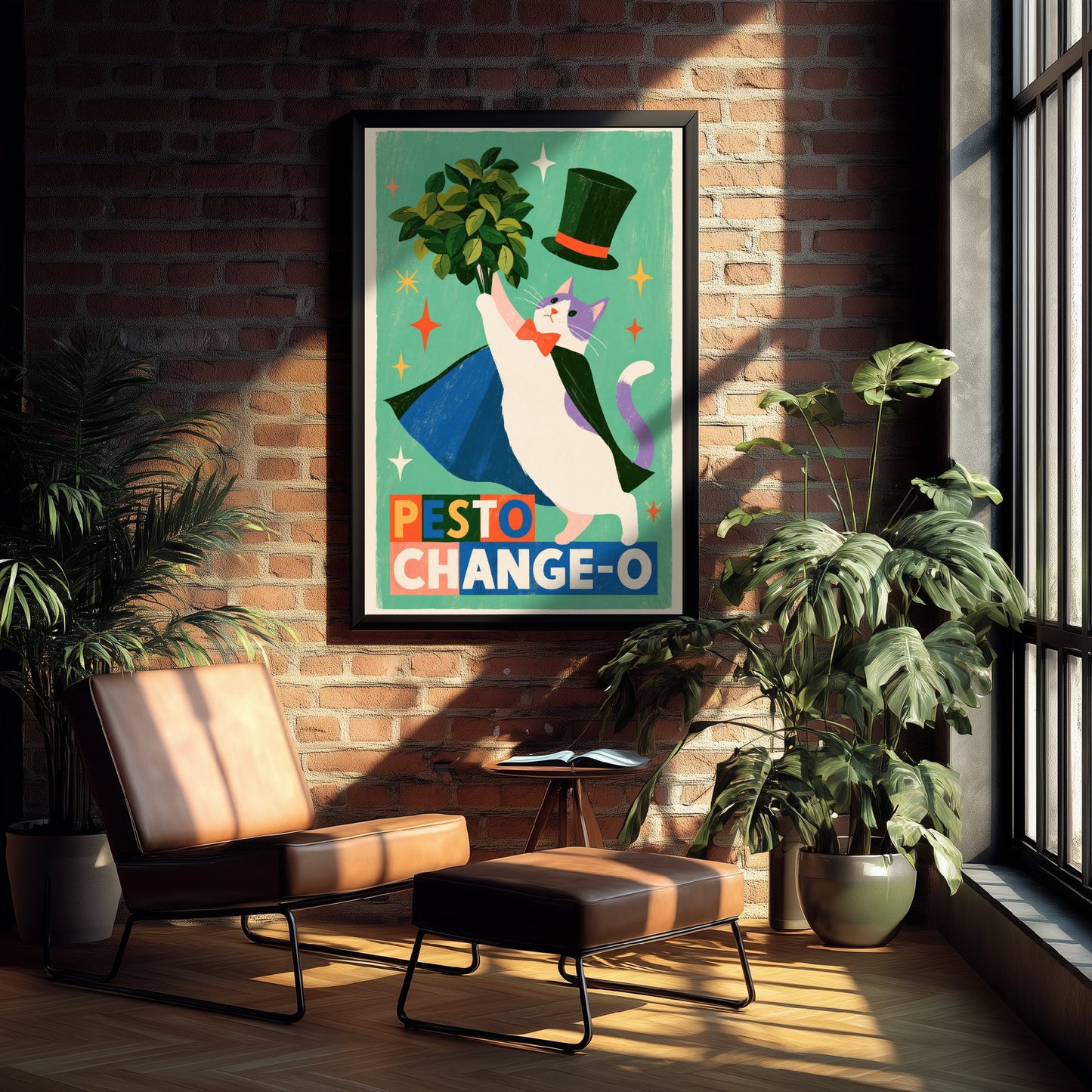 Pesto Change-O Art Print - Magician Cat with Basil Poster - Funny Retro Kitchen Illustration - Magic Food Pun Wall Decor