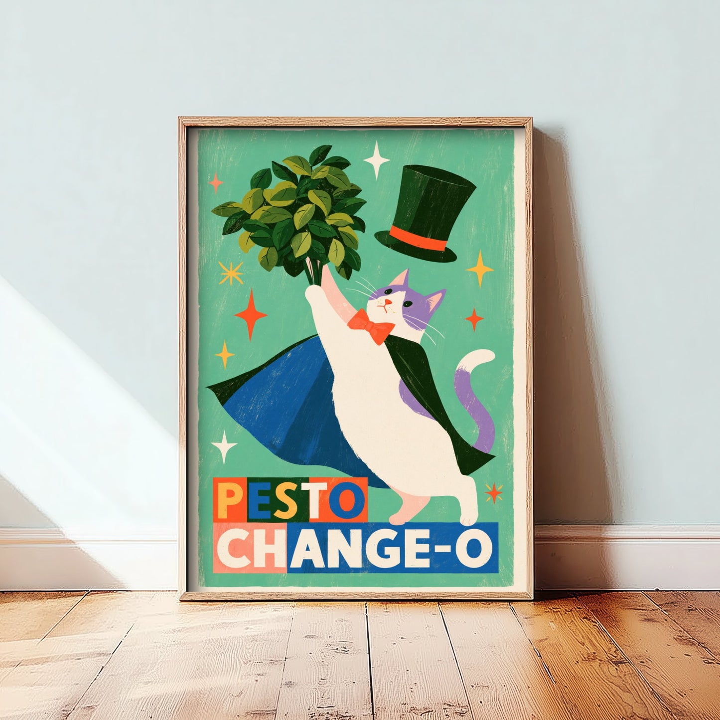 Pesto Change-O Art Print - Magician Cat with Basil Poster - Funny Retro Kitchen Illustration - Magic Food Pun Wall Decor