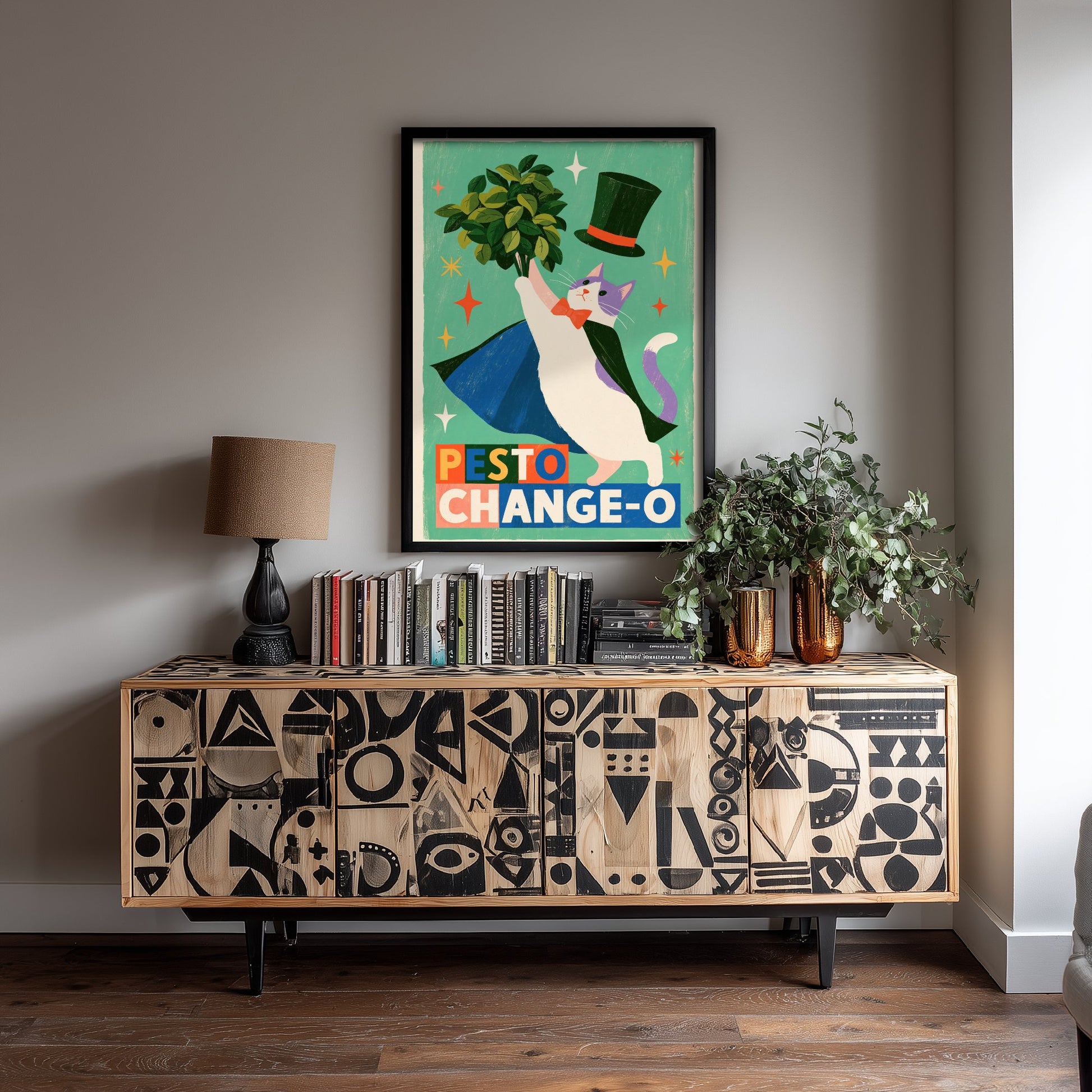 Pesto Change-O Art Print - Magician Cat with Basil Poster - Funny Retro Kitchen Illustration - Magic Food Pun Wall Decor