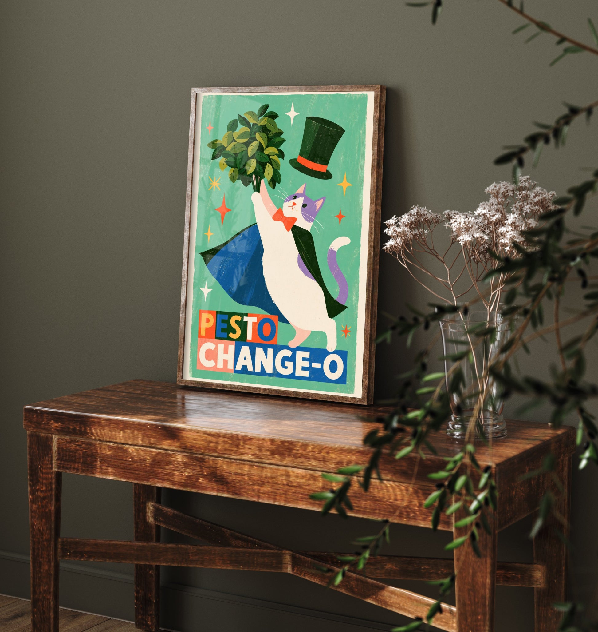 Pesto Change-O Art Print - Magician Cat with Basil Poster - Funny Retro Kitchen Illustration - Magic Food Pun Wall Decor