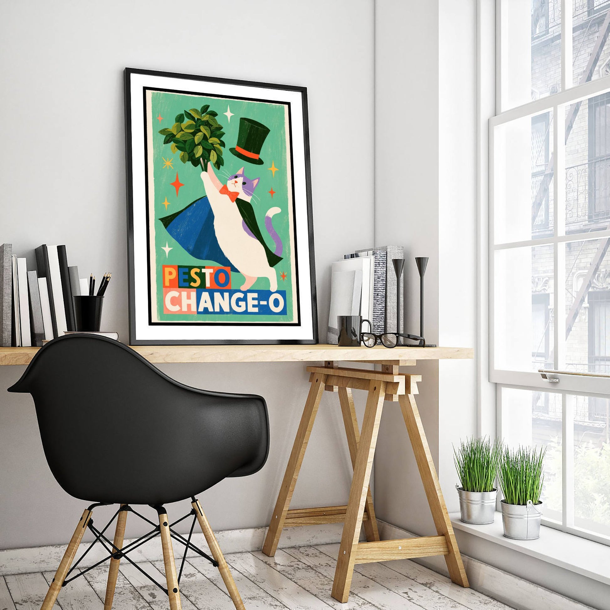 Pesto Change-O Art Print - Magician Cat with Basil Poster - Funny Retro Kitchen Illustration - Magic Food Pun Wall Decor