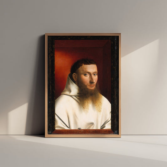 Petrus Christus - Portrait of a Carthusian (1446) - Classic Painting Art Print - Bearded Monk in White Habit Red Background Poster