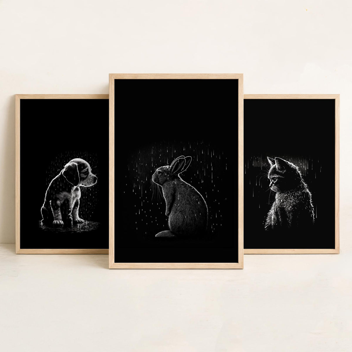 Pets in the Rain Set of Three Art Prints - Puppy, Kitten and Rabbit - Black and White Line Illustration Poster V1