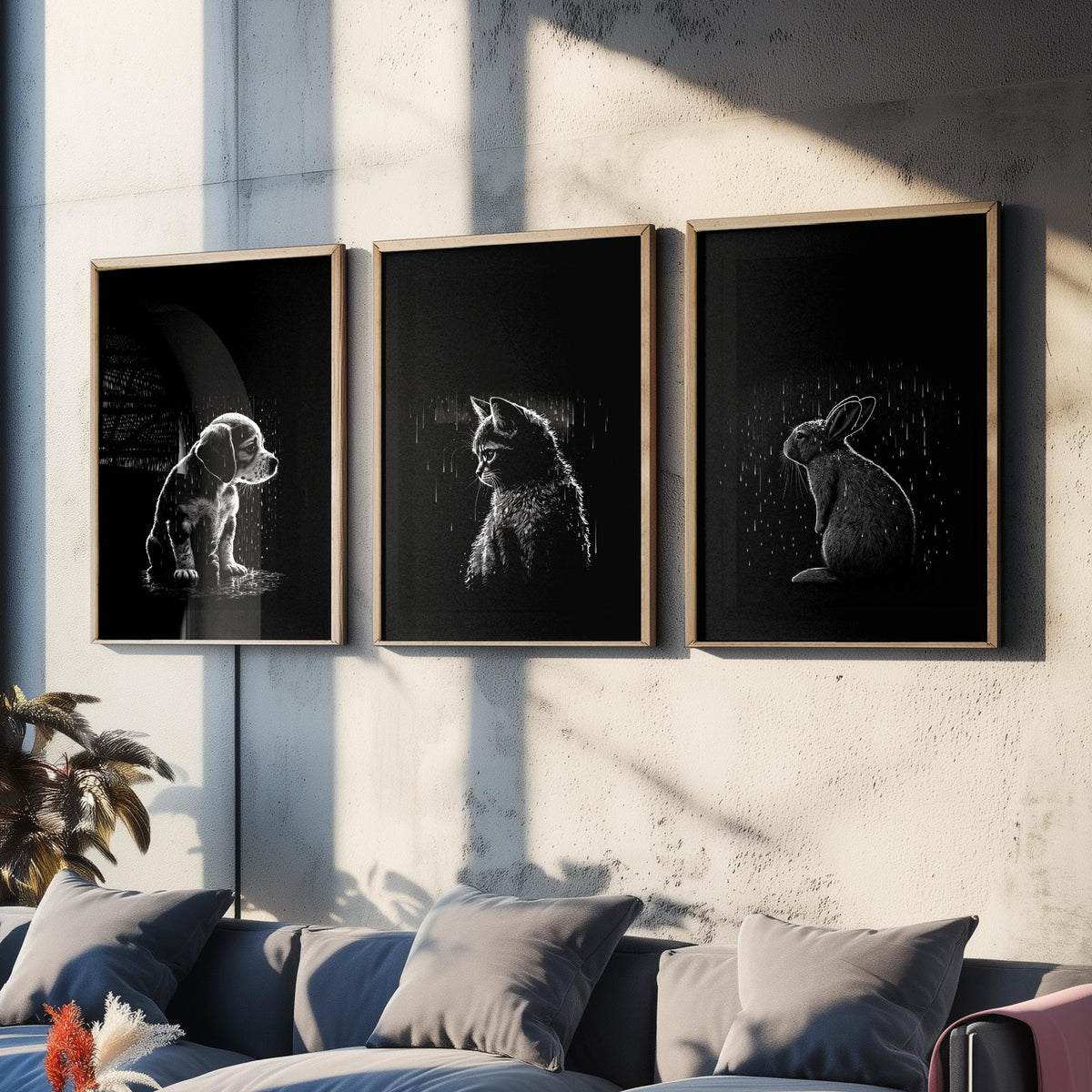 Pets in the Rain Set of Three Art Prints - Puppy, Kitten and Rabbit - Black and White Line Illustration Poster V1