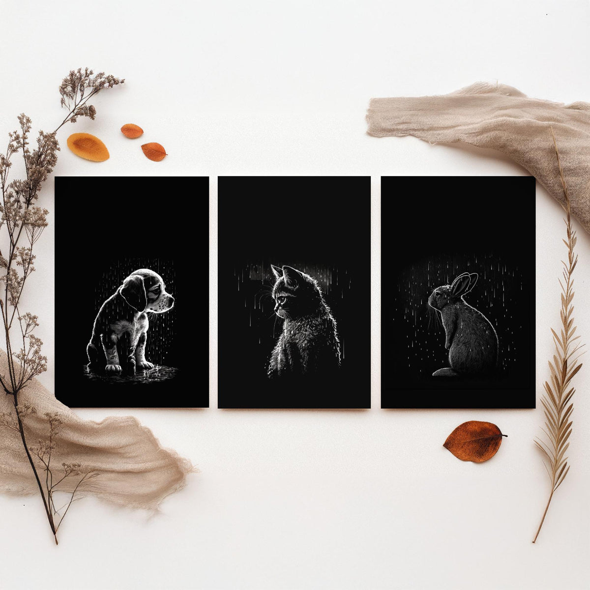 Pets in the Rain Set of Three Art Prints - Puppy, Kitten and Rabbit - Black and White Line Illustration Poster V1