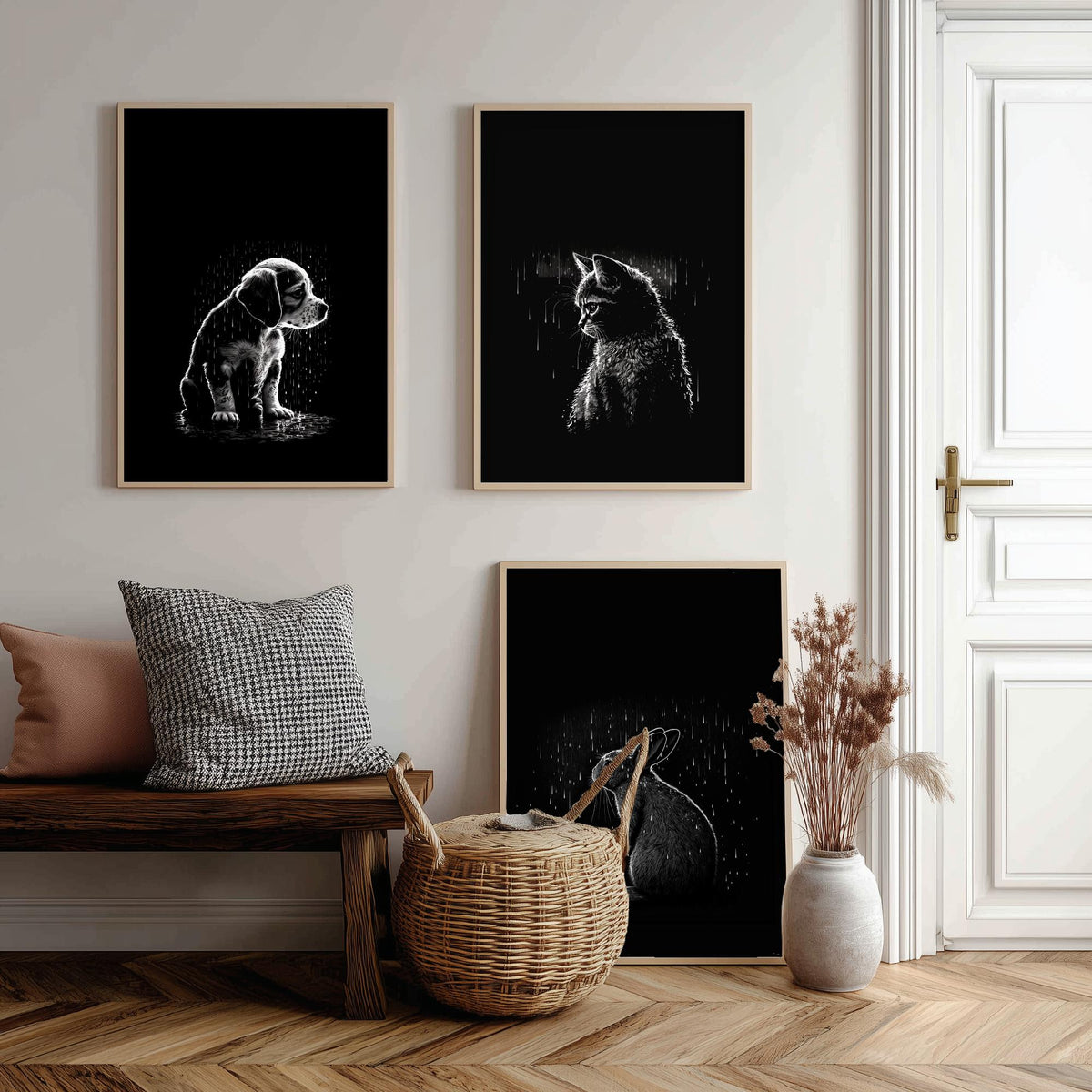 Pets in the Rain Set of Three Art Prints - Puppy, Kitten and Rabbit - Black and White Line Illustration Poster V1