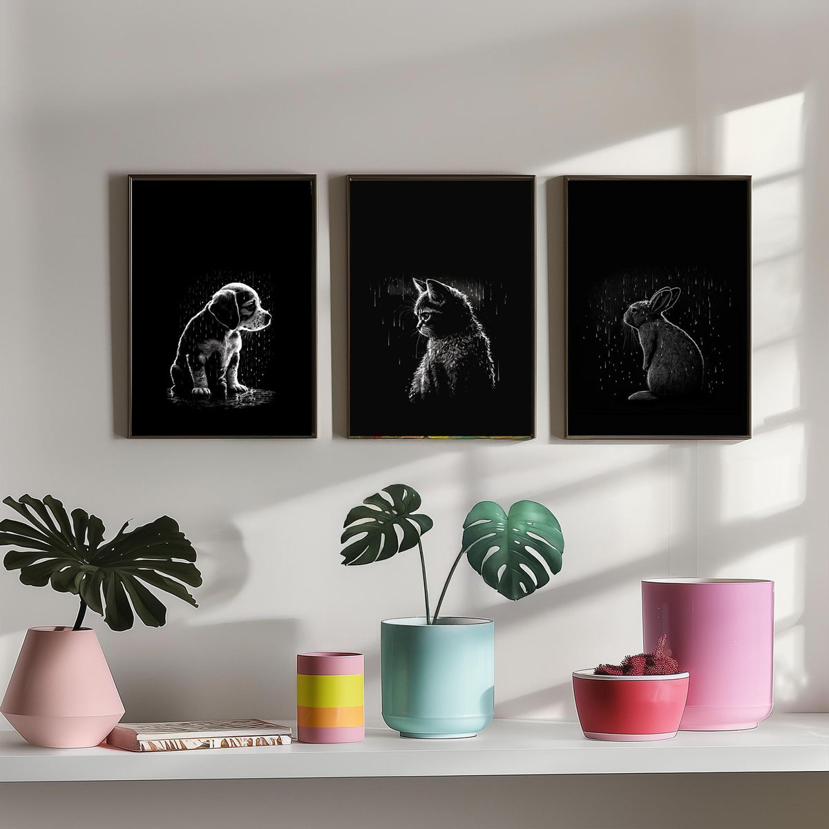Pets in the Rain Set of Three Art Prints - Puppy, Kitten and Rabbit - Black and White Line Illustration Poster V1