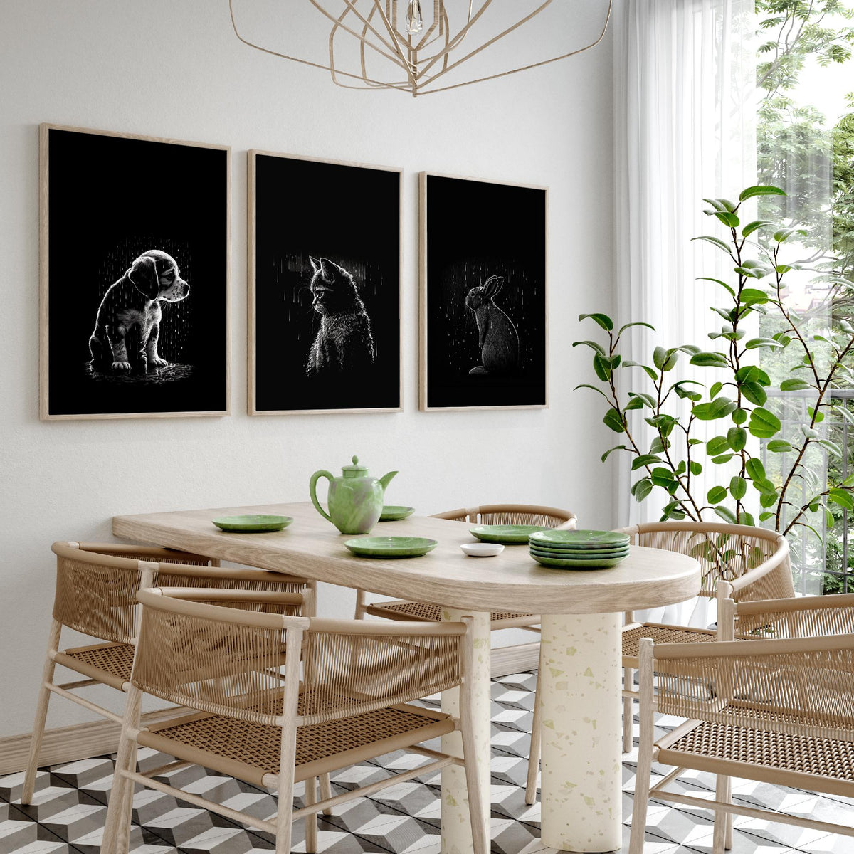 Pets in the Rain Set of Three Art Prints - Puppy, Kitten and Rabbit - Black and White Line Illustration Poster V1
