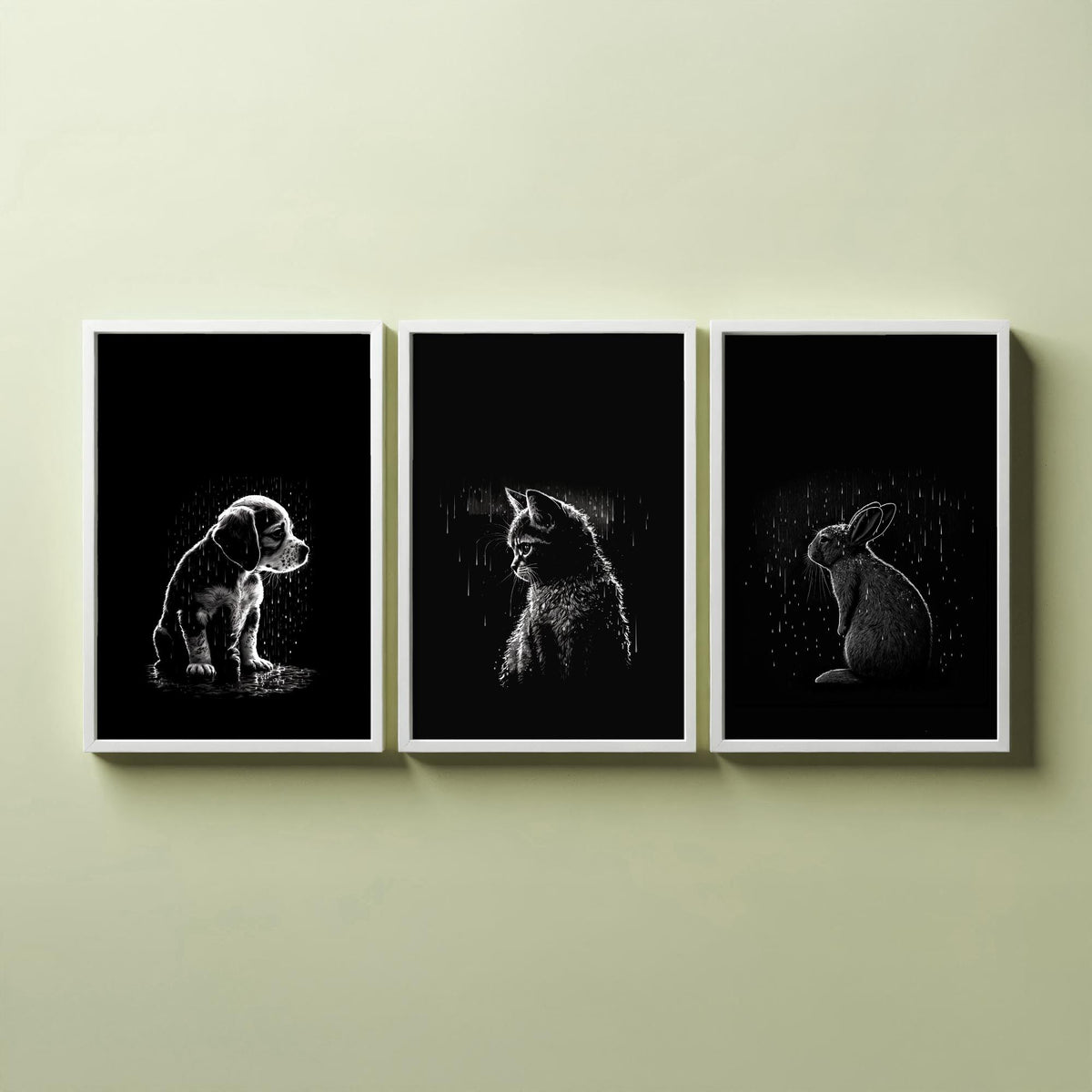 Pets in the Rain Set of Three Art Prints - Puppy, Kitten and Rabbit - Black and White Line Illustration Poster V1