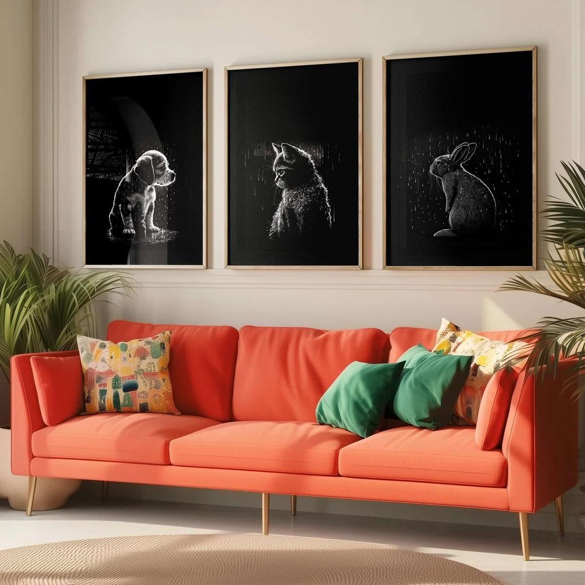Pets in the Rain Set of Three Art Prints - Puppy, Kitten and Rabbit - Black and White Line Illustration Poster V1
