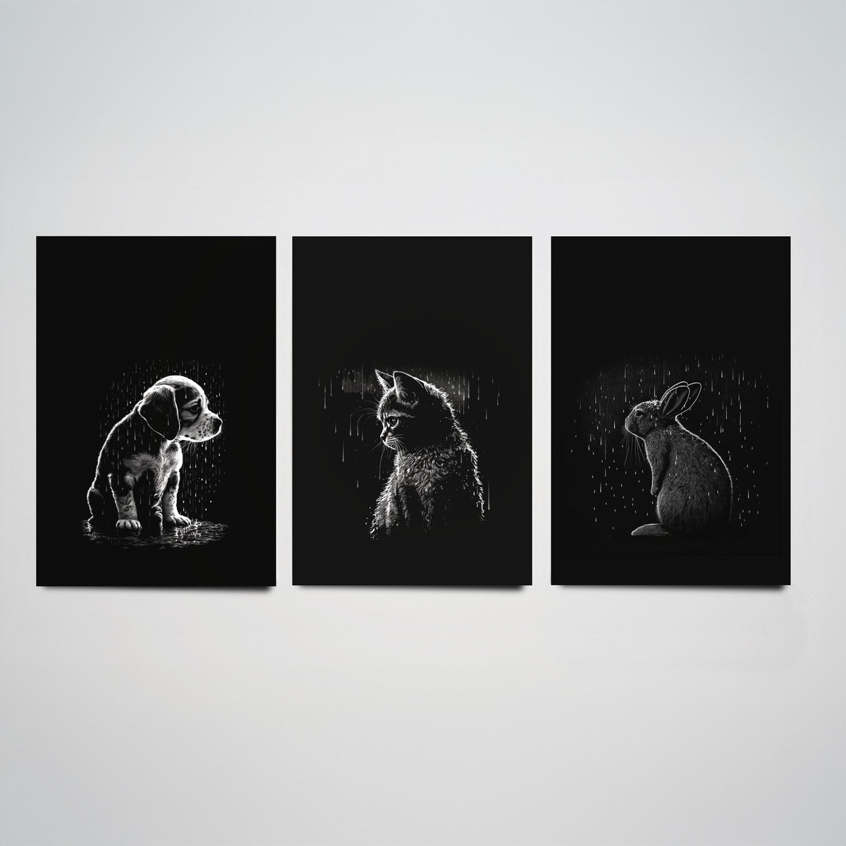 Pets in the Rain Set of Three Art Prints - Puppy, Kitten and Rabbit - Black and White Line Illustration Poster V1