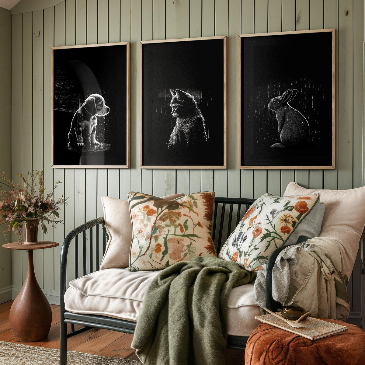 Pets in the Rain Set of Three Art Prints - Puppy, Kitten and Rabbit - Black and White Line Illustration Poster V1