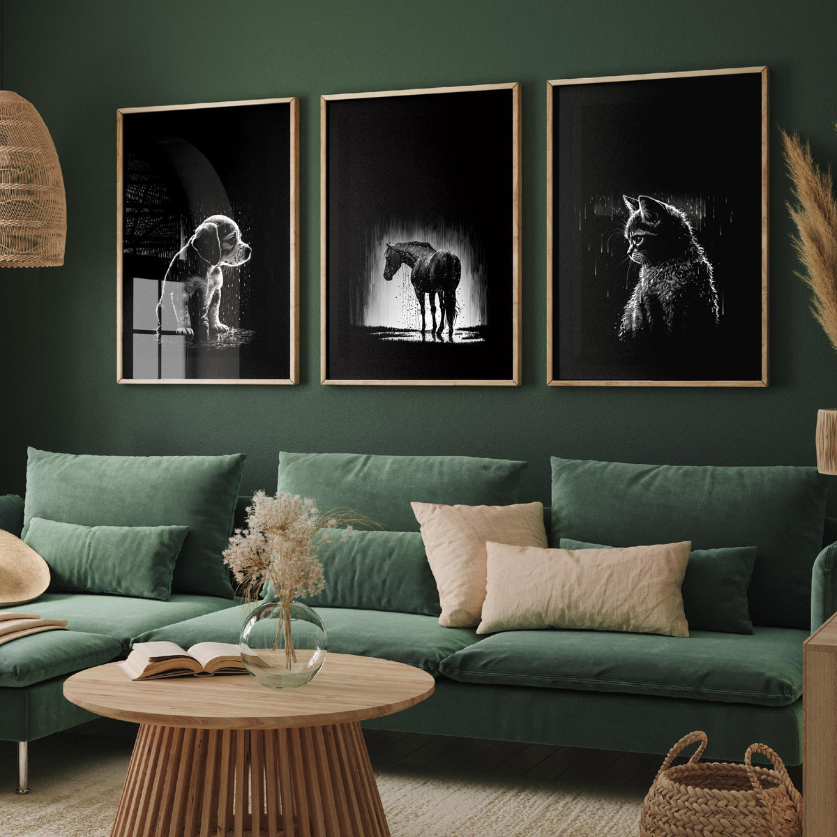 Pets in the Rain Set of Three Art Prints - Puppy, Horse and Kitten - Black and White Line Illustration Poster V2