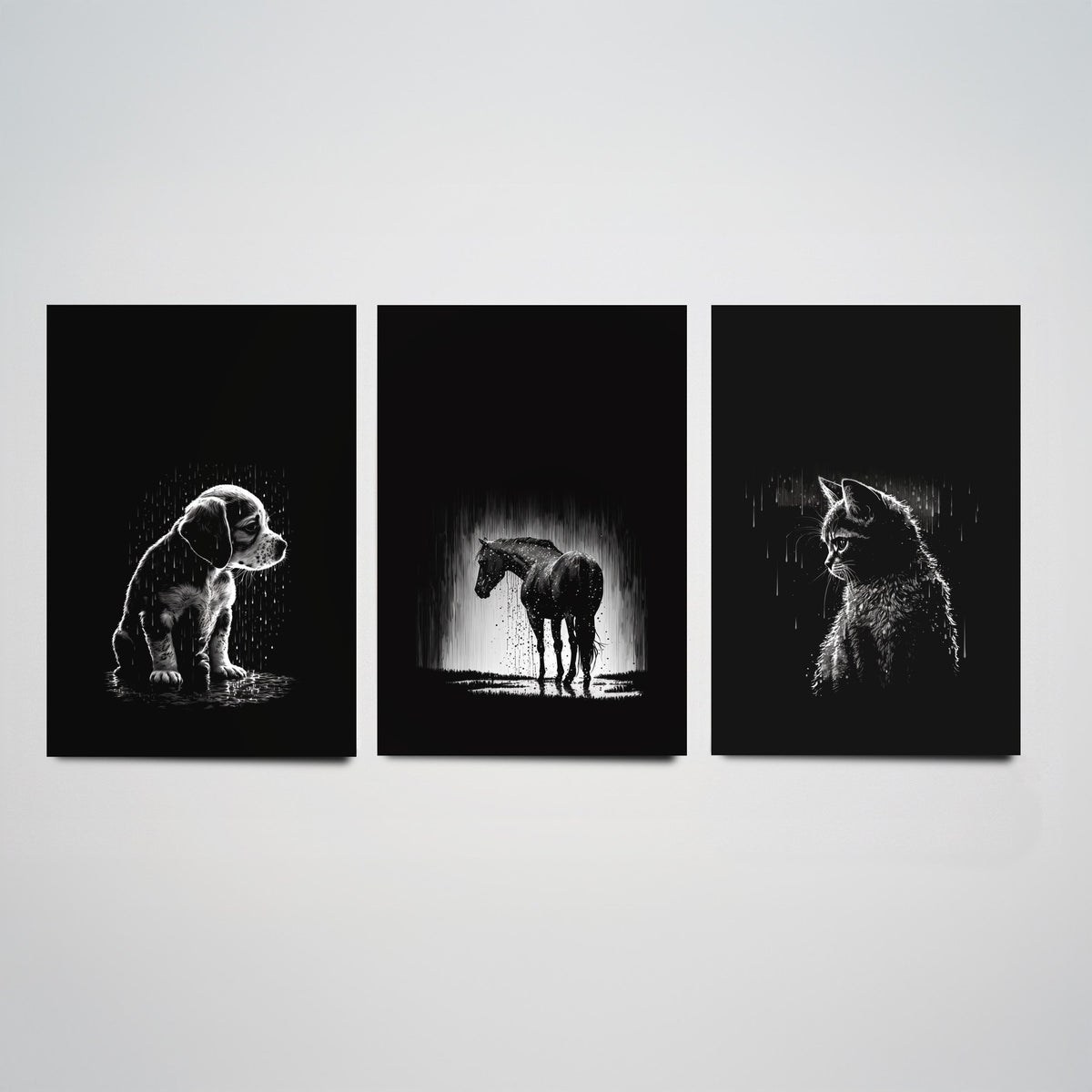 Pets in the Rain Set of Three Art Prints - Puppy, Horse and Kitten - Black and White Line Illustration Poster V2