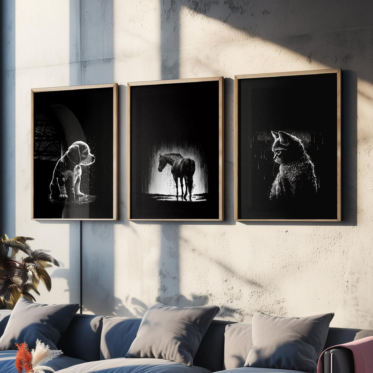 Pets in the Rain Set of Three Art Prints - Puppy, Horse and Kitten - Black and White Line Illustration Poster V2