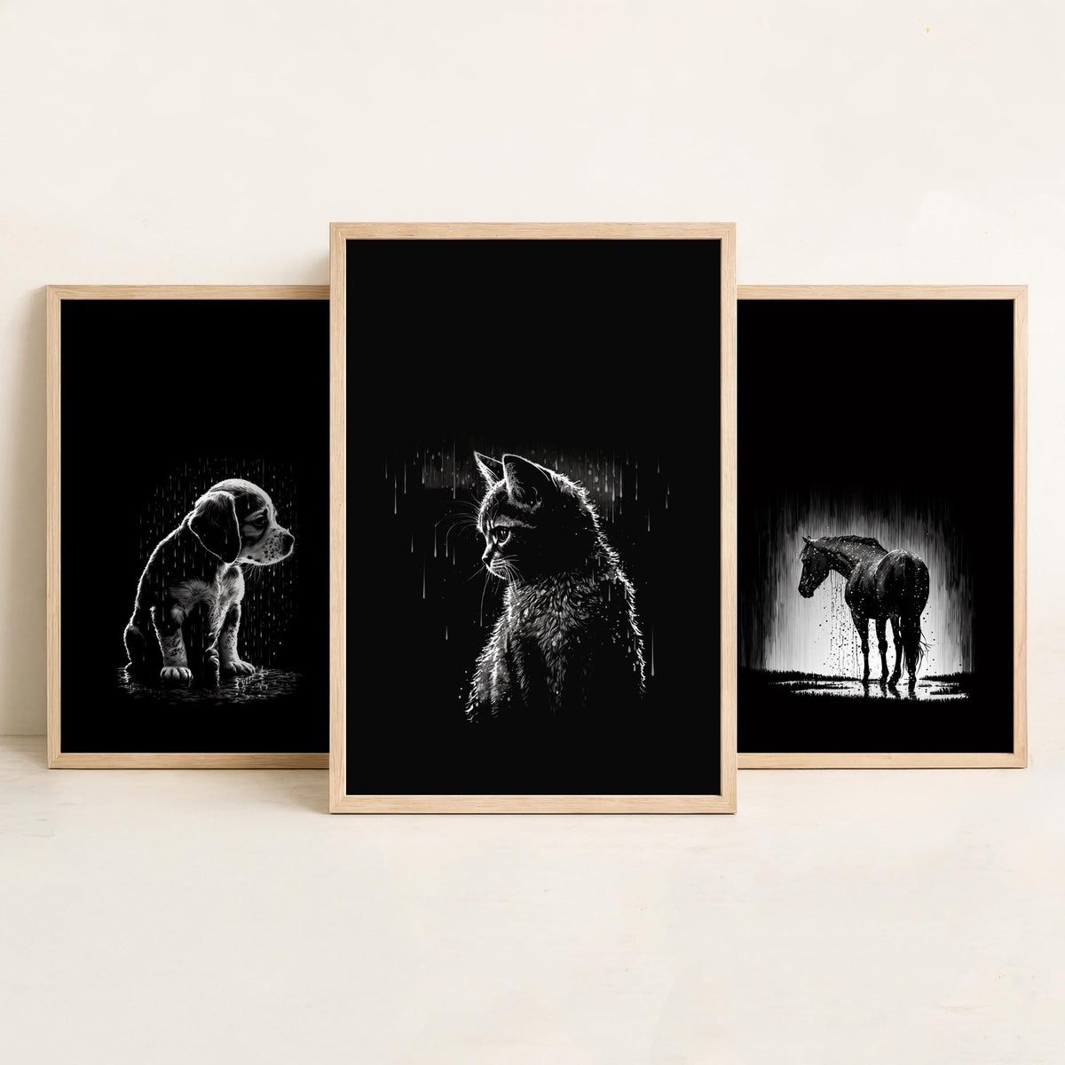 Pets in the Rain Set of Three Art Prints - Puppy, Horse and Kitten - Black and White Line Illustration Poster V2