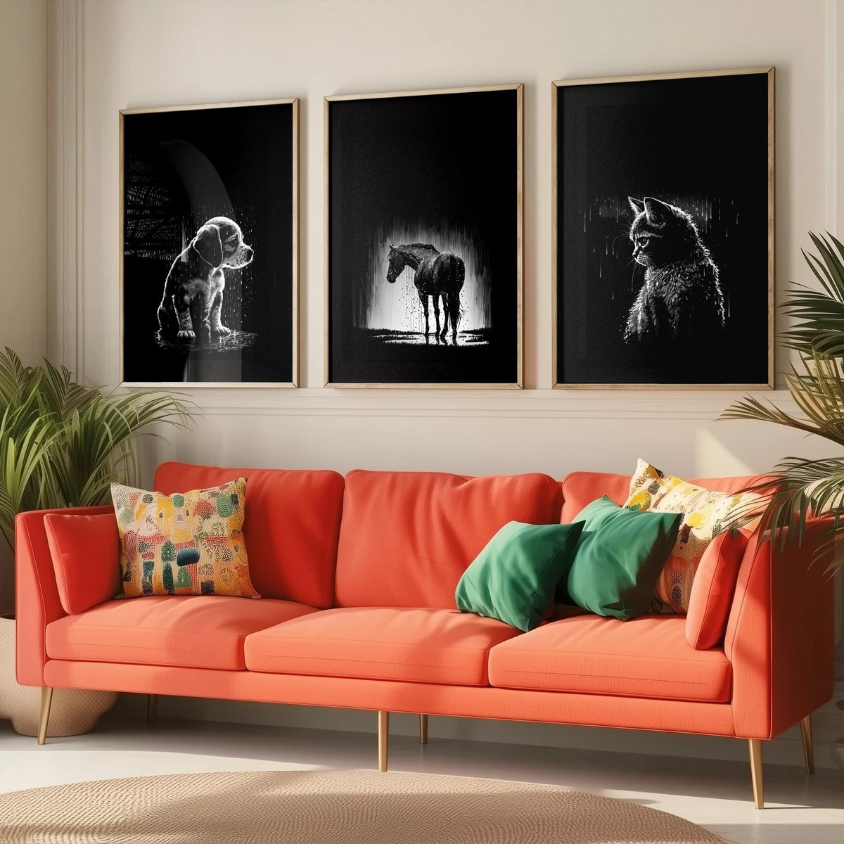 Pets in the Rain Set of Three Art Prints - Puppy, Horse and Kitten - Black and White Line Illustration Poster V2
