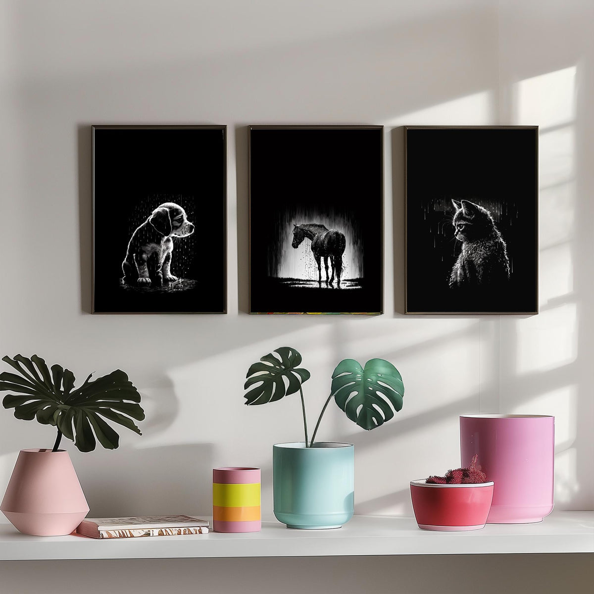 Pets in the Rain Set of Three Art Prints - Puppy, Horse and Kitten - Black and White Line Illustration Poster V2