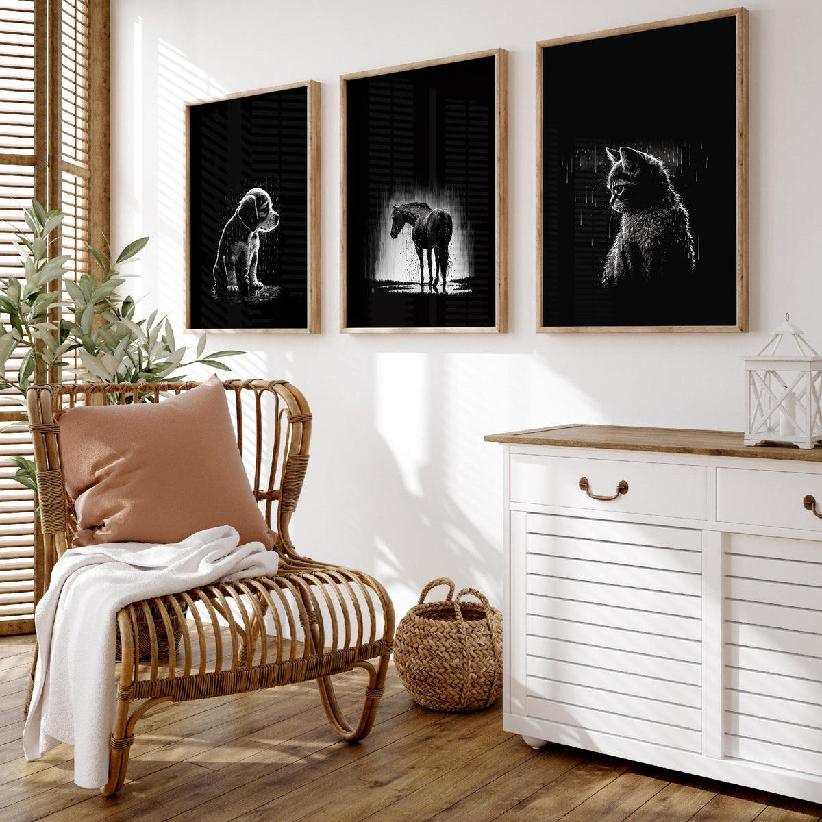 Pets in the Rain Set of Three Art Prints - Puppy, Horse and Kitten - Black and White Line Illustration Poster V2