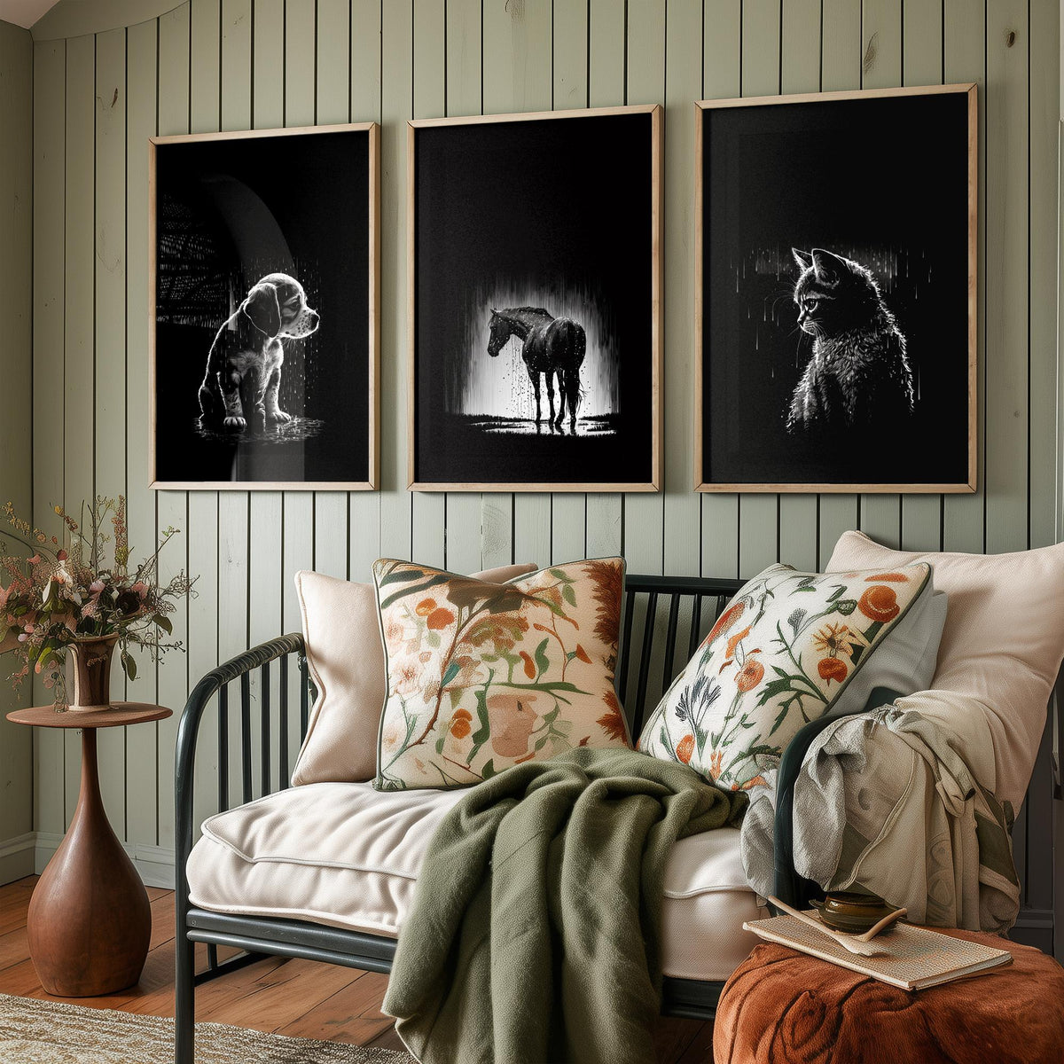 Pets in the Rain Set of Three Art Prints - Puppy, Horse and Kitten - Black and White Line Illustration Poster V2