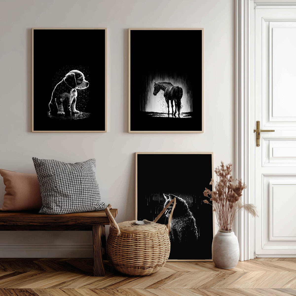 Pets in the Rain Set of Three Art Prints - Puppy, Horse and Kitten - Black and White Line Illustration Poster V2