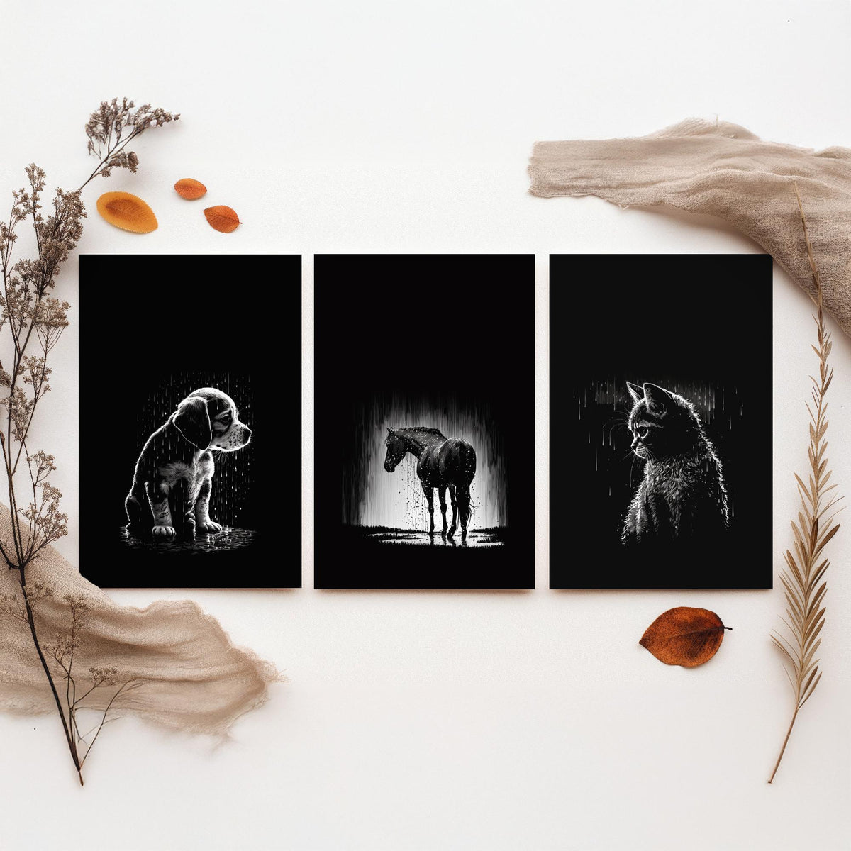Pets in the Rain Set of Three Art Prints - Puppy, Horse and Kitten - Black and White Line Illustration Poster V2