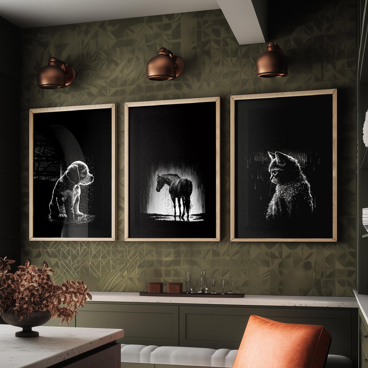 Pets in the Rain Set of Three Art Prints - Puppy, Horse and Kitten - Black and White Line Illustration Poster V2