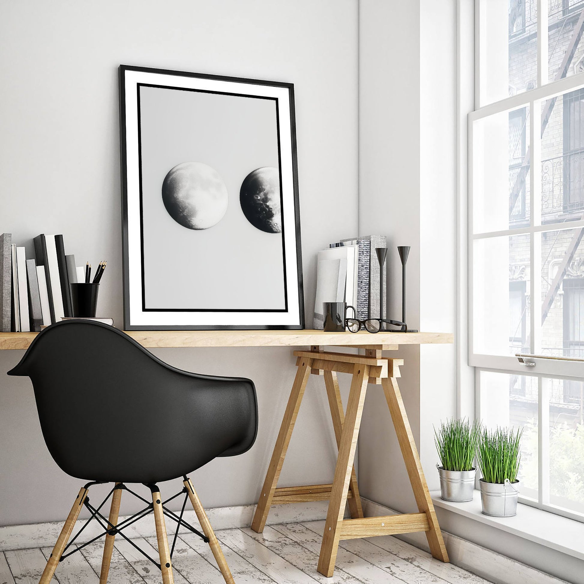 Full Moon Art Print - Photorealistic Moon Drawing Poster - Black and White Lunar Wall Art V1 1/3